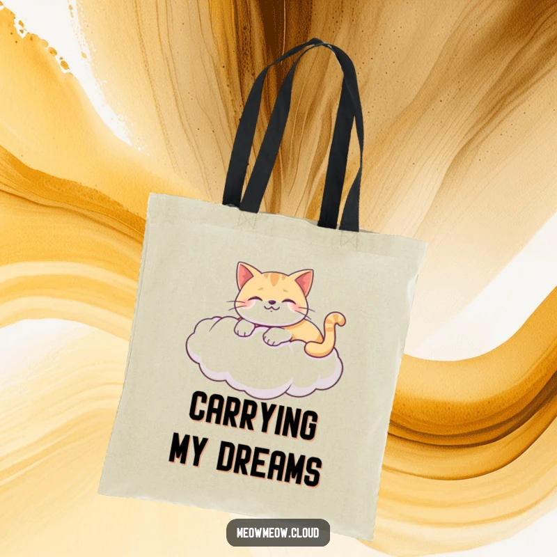 Funny tote bag with a happy cat lounging on a puffy white cloud, perfect for carrying your belongings with peace.