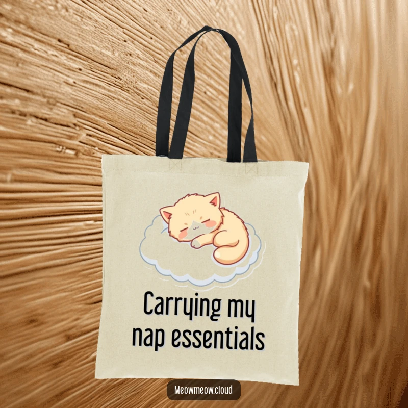 Funny tote bag with a fluffy cat napping on a cloud, perfect for carrying everyday items.