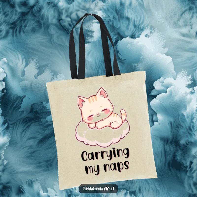 Funny cute cat purring peacefully on a cloud, depicted on a stylish tote bag for everyday use.