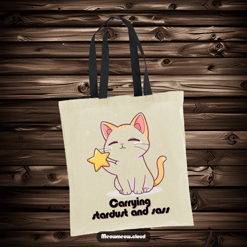 Funny tote bag showing a mischievous cat batting at a star, ideal for carrying everyday items with humor.