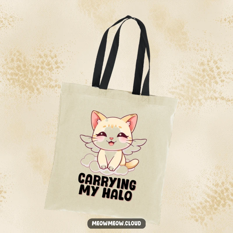 Funny angel cat tote bag, a cat with wings floating serenely through clouds, a humorous and stylish accessory.