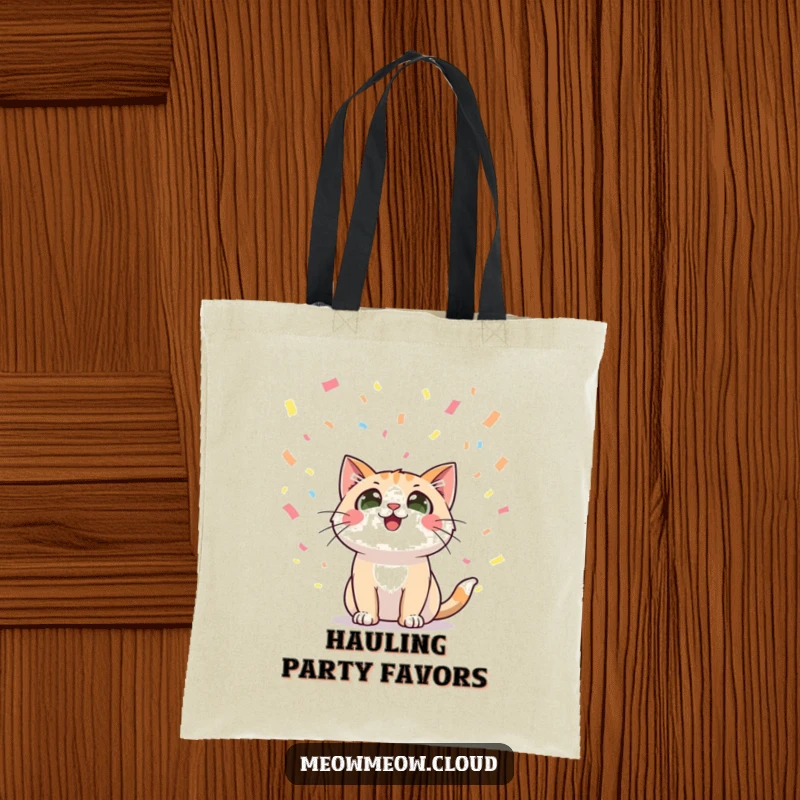 Funny tote bag with a happy cat character looking up with wide eyes at falling confetti, perfect for carrying celebration vibes.