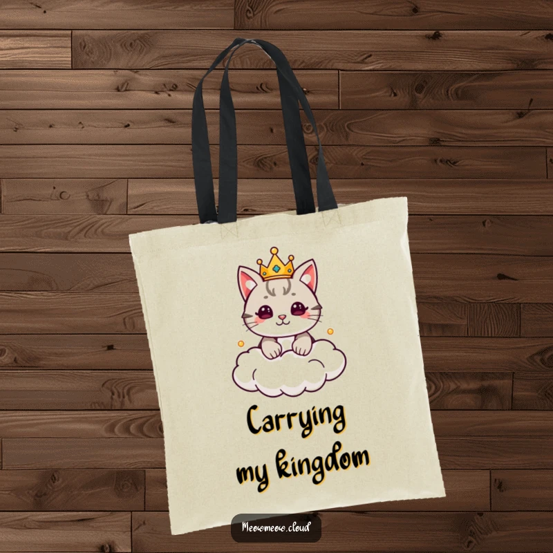 Funny Cat King Tote Bag featuring a cute cat with a crown, ruling a cloud kingdom, designed for carrying items with regal flair. Chic tote.