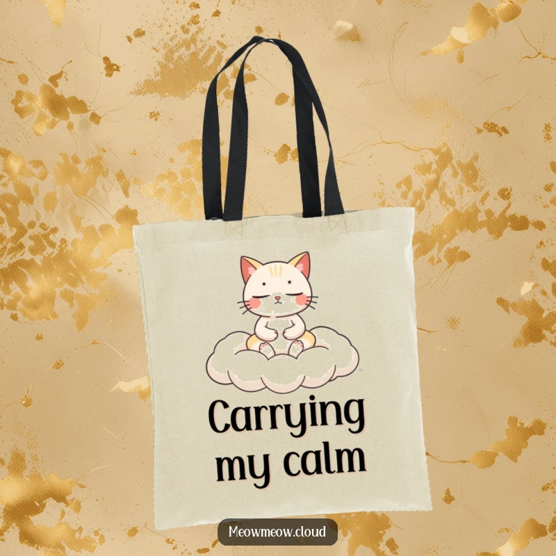 Funny cat meditation tote bag showing a peaceful cat meditating on a fluffy cloud cushion, ideal for carrying essentials.