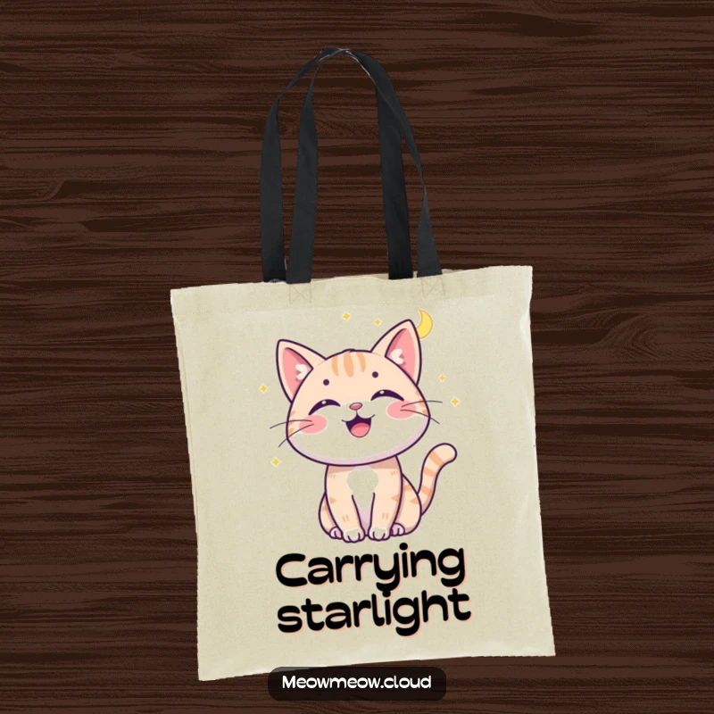 Funny cat moonbeam tote bag showing a cheerful cat batting at a moonbeam, a whimsical and practical accessory.