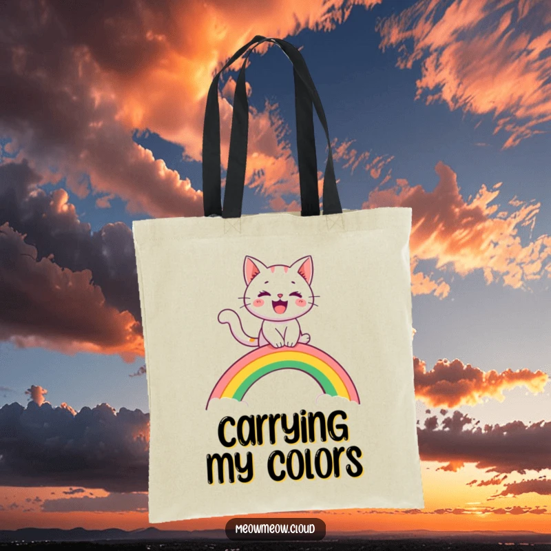 Funny tote bag with a cheerful cat character riding a rainbow arch like a slide, perfect for carrying your adventurous spirit.