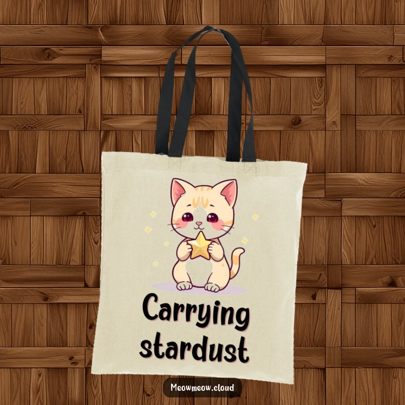 Funny Tote Bag featuring a cute cat character joyfully interacting with a celestial star, perfect for stylish, practical, and humorous carry-all needs.