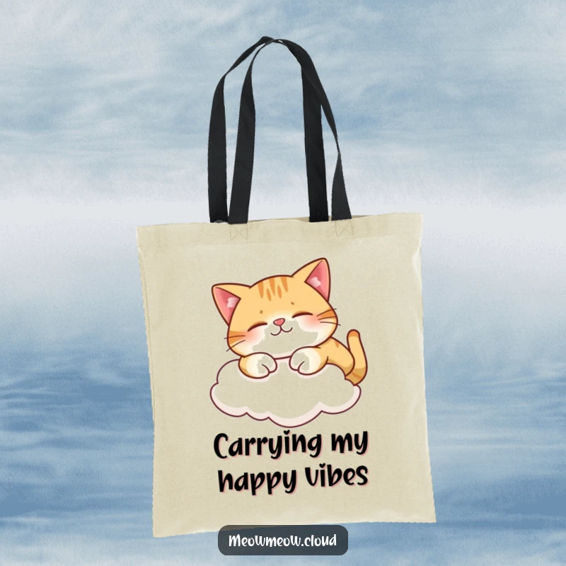 Funny tote bag with a contented cat stretching on a cloud, perfect for carrying everyday items.