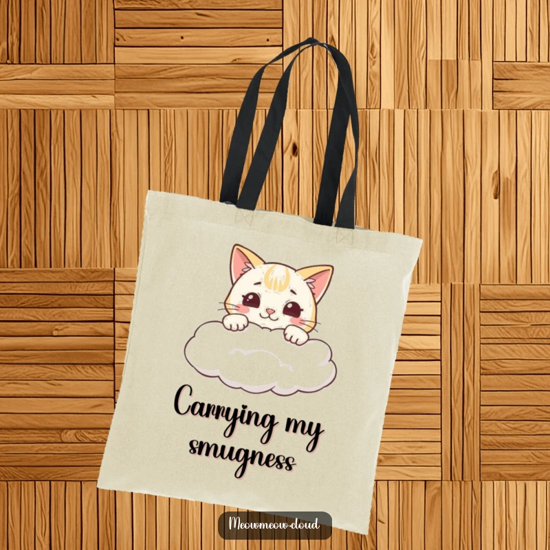 Funny tote bag with a cheeky cartoon cat peeking over a cloud, showing a wide grin.