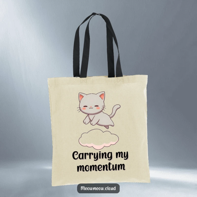 Funny Gray Cat Tote Bag featuring a cat leaping between clouds, designed for carrying essentials with style. Durable and chic tote.