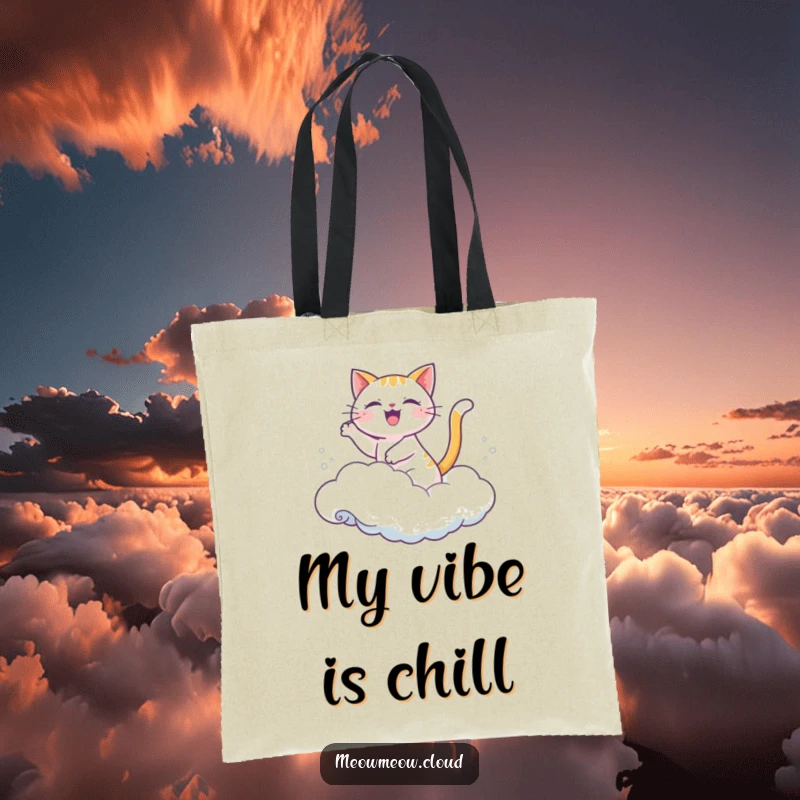 Funny tote bag depicting a joyful cartoon cat riding a cloud-wave.