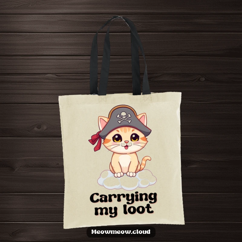 Funny pirate cat tote bag, cat pirate on a cloud island ready for adventure, a humorous and functional accessory.