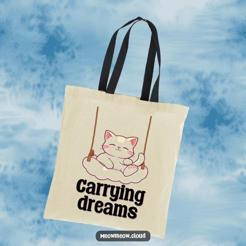 Funny Relaxed Cat Tote Bag: A cat lounging on a cloud swing, perfect for carrying items with a touch of funny feline relaxation.