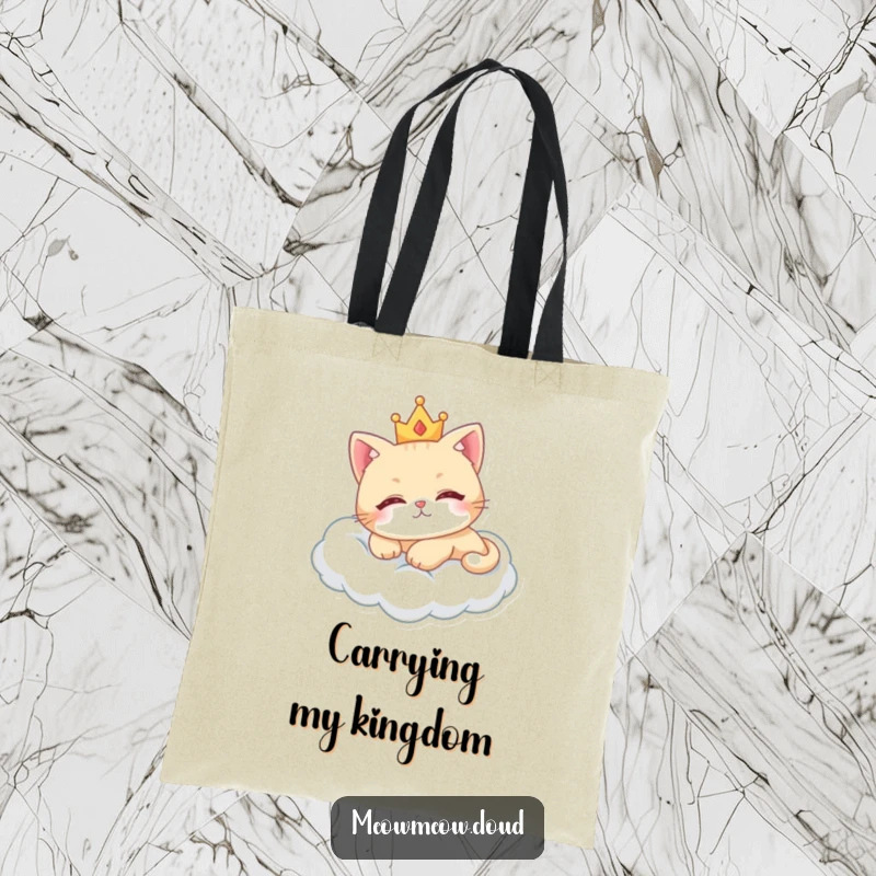 Funny royal cat tote bag featuring a cute cat with a crown, lounging on a fluffy cloud.
