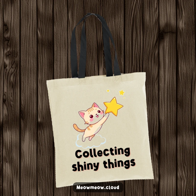 Funny happy cat chasing a star on a cloud sky, depicted on a stylish tote bag for dreamers.