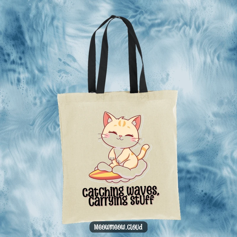 Funny tote bag showcasing a winking cat character riding a cloud like a surfboard, a cool and practical accessory.