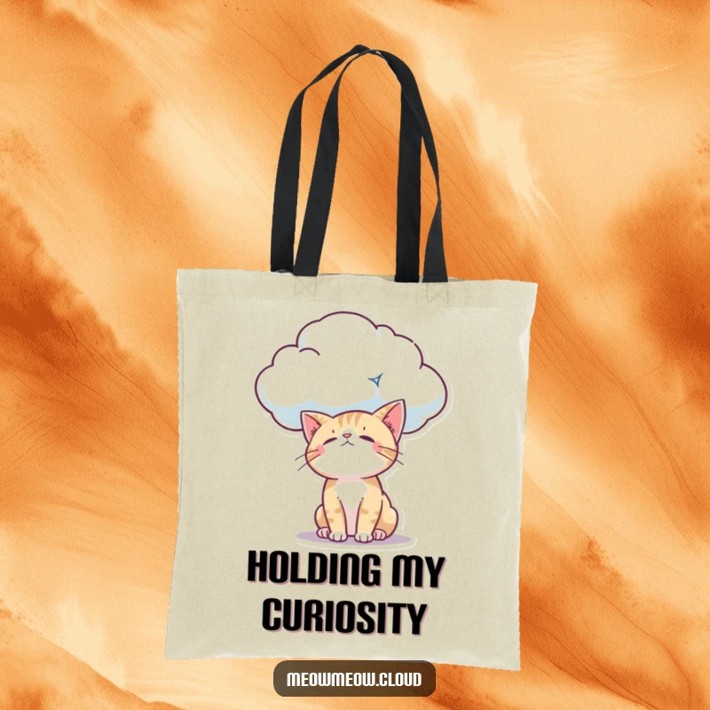 Funny curious cat peering down from a cloud with wonder, depicted on a stylish tote bag for everyday use.