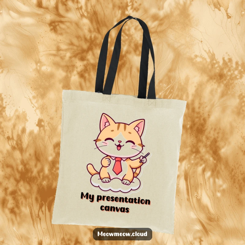 Funny cat presenter tote bag, a cheerful cat in a tie gives a presentation on a cloud, perfect for stylish and humorous organization.