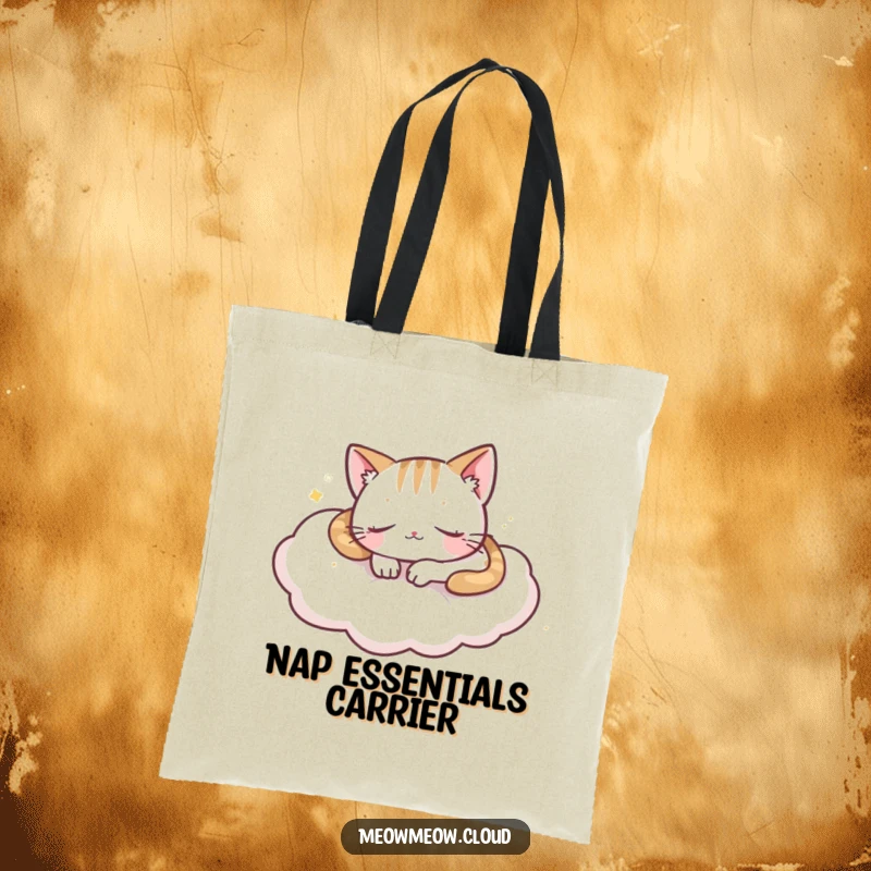 Funny playful cat sleeping on a cloud, depicted on a stylish tote bag for carrying essentials peacefully.